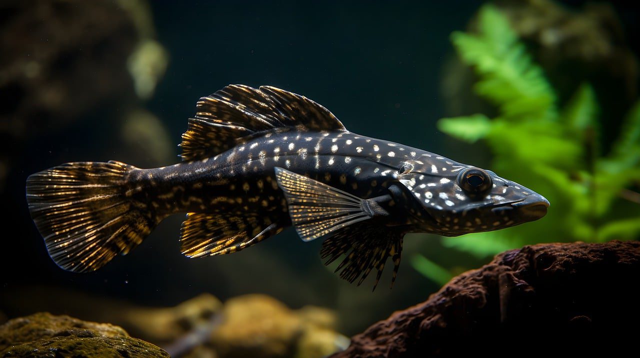 A black and white fish swimming in an aquarium.